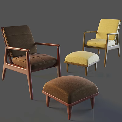 Brown And Yellow Modern Lounge Chairs Featuring Wooden Frames Fabric Seats And Ottoman Stools 3d model