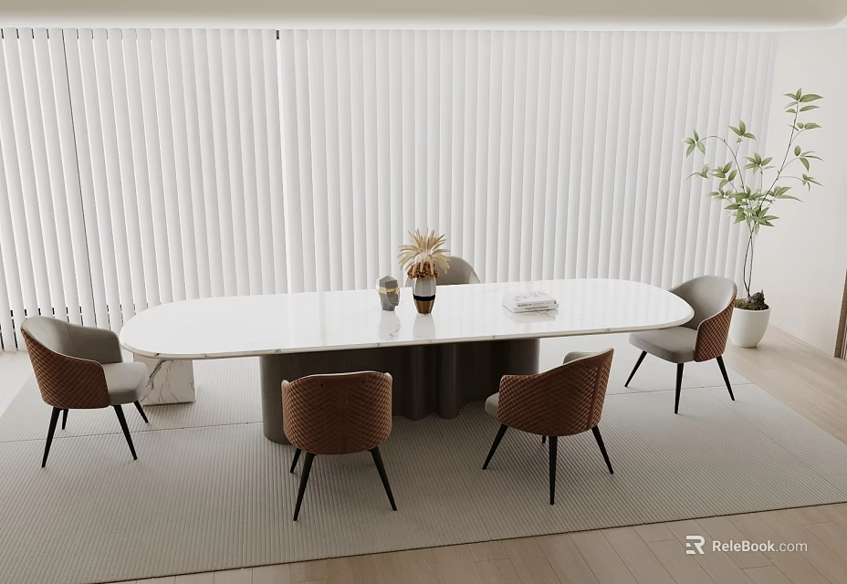 Modern Dining Room Interior With White Blinds Oval Table Brown Chairs Plant And Gray Rug 3d model 