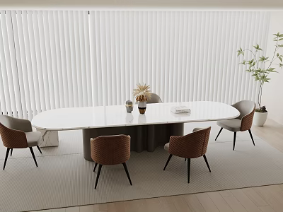 Modern Dining Room Interior With White Blinds Oval Table Brown Chairs Plant And Gray Rug 3d model