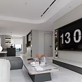 Modern Living Dining Area With TV Wall Shelves Marble Floor And Coffee Table Decorations