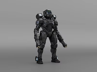 Game and Movie Character Black Armored Robot with Helmet and Weapons in Sci Fi Style 3d model