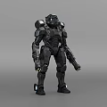 Game and Movie Character Black Armored Robot with Helmet and Weapons in Sci Fi Style