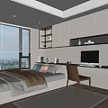 Modern Tatami Bedroom Interior With City View Window Storage Cabinets Desk Chair And TV