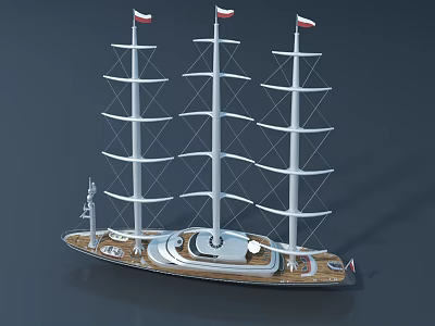 Wooden Ship Featuring Three Tall Masts And Flags On Deck 3d model