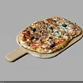 Delicious Pizza on Wooden Tray with Tomato Sauce Olives and Melted Cheese