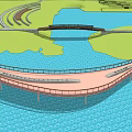 Curved Landscape Bridge Spanning Water Area Surrounded by Green Space with Walking Path