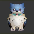 Cute Blue Feathered Fantasy Creature Character With Purple Eyes Green Leaves And Pink Orb