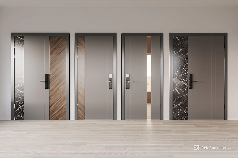 Modern Security Doors With Wood Grain Marble Texture And Solid Color Panels 3d model 
