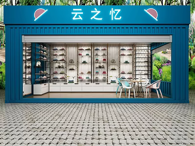 Blue Container Style Shoe Store With Shoe Racks Tables Chairs And Green Plants 3d model