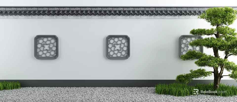 Traditional Chinese Building Exterior Wall With Decorative Tiles And Lattice Windows 3d model 