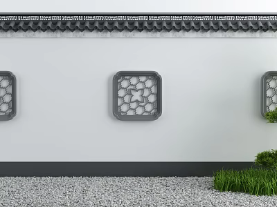 Traditional Chinese Building Exterior Wall With Decorative Tiles And Lattice Windows 3d model