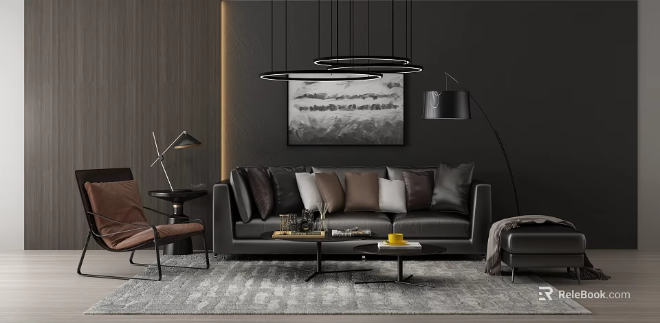 Modern Leather Sofa And Coffee Table Set With Multiple Pillows Abstract Art And Floor Lamp 3d model