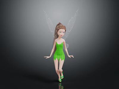 Magical Fairy Character With Brown Hair Green Dress Transparent Wings And Green Shoes 3d model