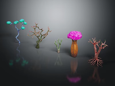 Unique Colorful Plants Displaying Mushroom Shaped Forms Branched Stems And Root Systems 3d model