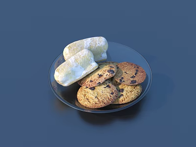 Delicious Chocolate Chip Cookies And Cream Pastries Arranged On Black Plate 3d model