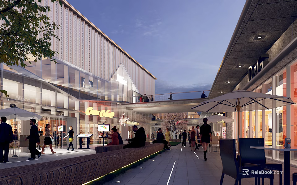 Bustling Commercial Street With Modern Buildings Pedestrians Shops And Outdoor Seating 3d model 