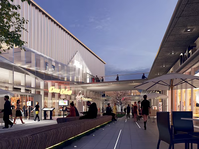 Bustling Commercial Street With Modern Buildings Pedestrians Shops And Outdoor Seating 3d model