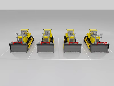 Four Yellow Bulldozers With Black Blades And Red Accents Lined Up In A Row 3d model
