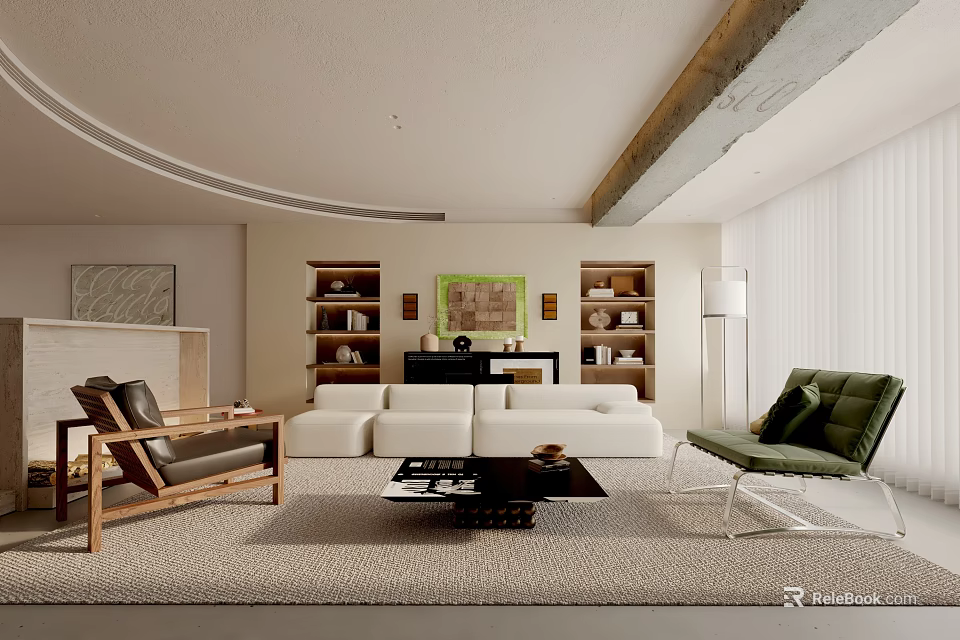Modern Living Room Interior Design With Sofa Chairs Bookshelves And Decorative Rug 3d model 