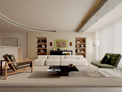Modern Living Room Interior Design With Sofa Chairs Bookshelves And Decorative Rug 3d model