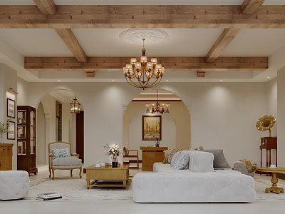 Cozy Living Room Interior Design With Wooden Beams Chandelier And White Sofa 3d model