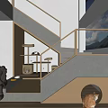 Modern Staircase Interior With Golden Railing Cat Tree And Stuffed Toy
