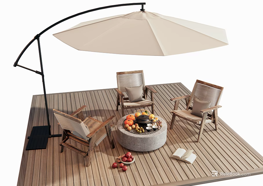 Stylish Outdoor Chairs on Wooden Deck with Cantilever Umbrella Fire Pit Table and Fruits 3d model 