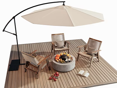 Stylish Outdoor Chairs on Wooden Deck with Cantilever Umbrella Fire Pit Table and Fruits 3d model