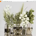 Transparent Glass Vases With White Flowers Green Leaves And Wheat Ears On Light Gray Background