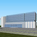 Modern Office Building With Glass Curtain Wall Red Flag Trees People And Parked Cars