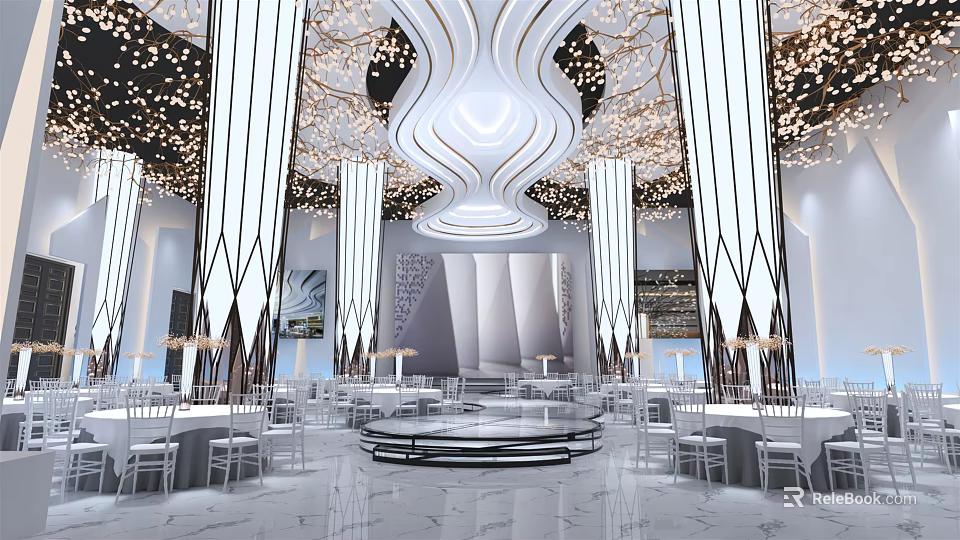 Luxurious Banquet Hall With Tall White Columns Ornate Chandeliers And Circular Stage 3d model 
