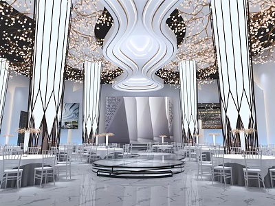 Luxurious Banquet Hall With Tall White Columns Ornate Chandeliers And Circular Stage 3d model