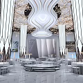 Luxurious Banquet Hall With Tall White Columns Ornate Chandeliers And Circular Stage