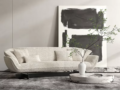 Beige Multi Seater Sofa With Cushions Black And White Abstract Painting And Round Coffee Table 3d model