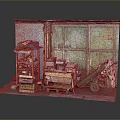 Old Rusty Metal Doors In Cluttered Corner With Cart Boxes And Shelves