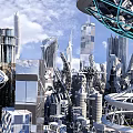 Cartoon Scenario Of Futuristic City With Tall Glass Buildings Flying Vehicles And Sky Bridges 3d model