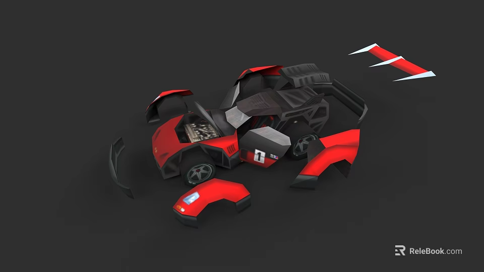 Red Car Model With Disassembled Parts And Scattered Components On Black Background 3d model 