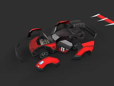 Red Car Model With Disassembled Parts And Scattered Components On Black Background 3d model