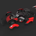 Red Car Model With Disassembled Parts And Scattered Components On Black Background