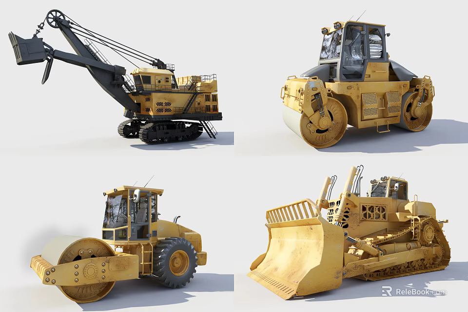 Yellow Heavy Duty Construction Functional Vehicles Including Excavator Road Roller And Bulldozer 3d model 