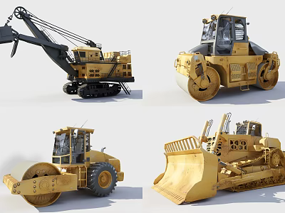 Yellow Heavy Duty Construction Functional Vehicles Including Excavator Road Roller And Bulldozer 3d model