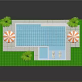 Outdoor Swimming Pool Area With Green Lawn Palm Trees Striped Umbrellas And Sun Loungers