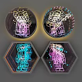 Neon Decorations Featuring Cartoon Bear Patterns In Round Hexagonal Frames And Pink Blue Light Effects 3d model