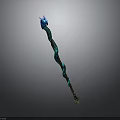 Enchanted Magic Staff With Blue Dragon Head Green Spiral Patterns And Brown Wooden Base
