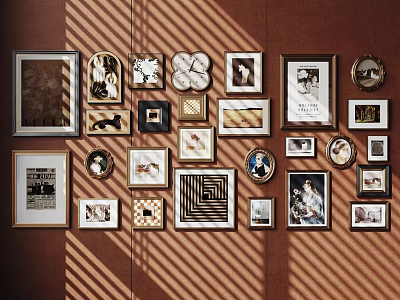 Interior Photo Wall With Various Frames And Different Designed Photos On Brown Wall 3d model