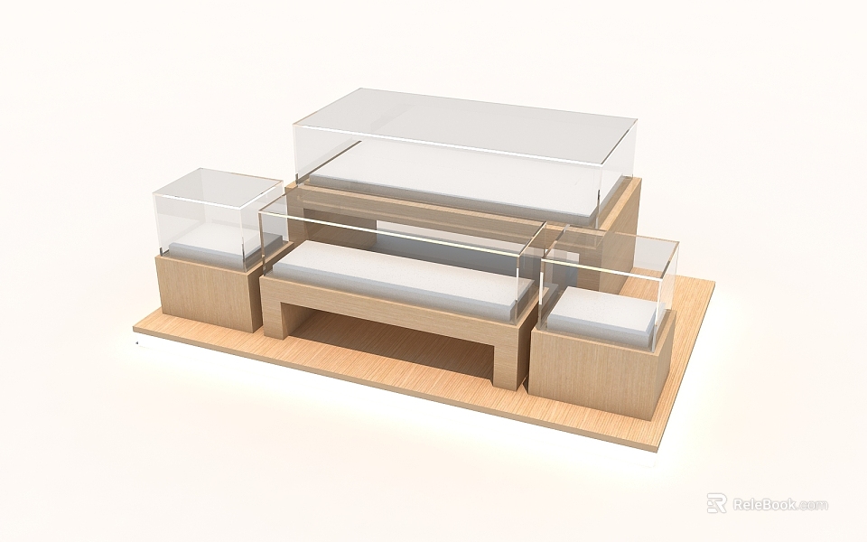Mall Counter Display Setup Featuring Wooden Structure And Clear Glass Covered Display Platforms 3d model 