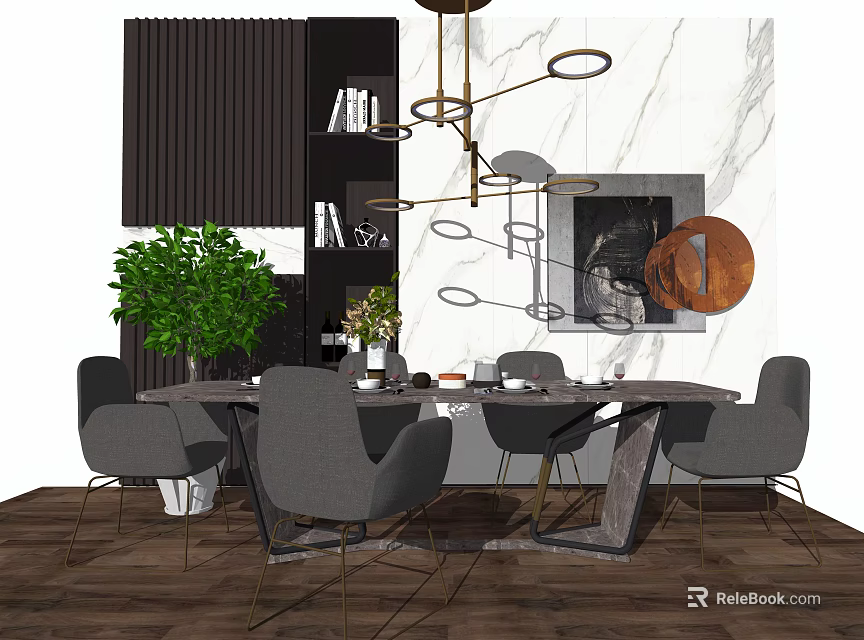 Modern Dining Table Set With Gray Chairs Marble Wall And Hanging Lamp 3d model