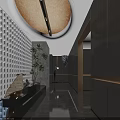Modern Luxury Hotel Corridor Interior With Glass Brick Wall Greenery And Warm Ambient Lighting