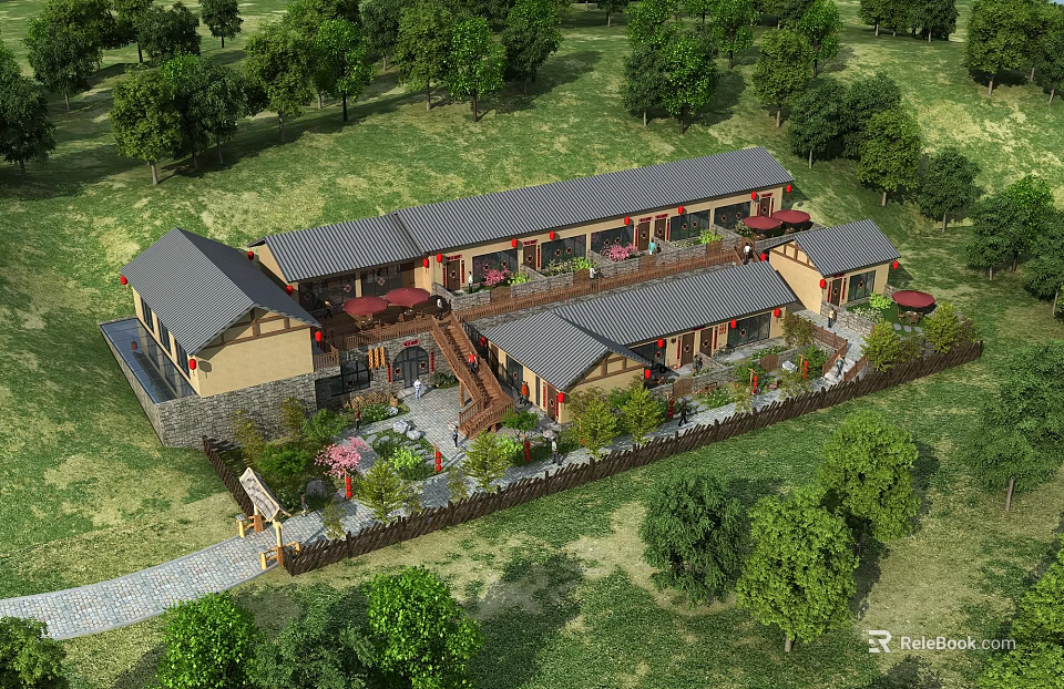 Traditional Guesthouse Building With Grey Roofs Lush Green Trees And Garden Pathway 3d model 