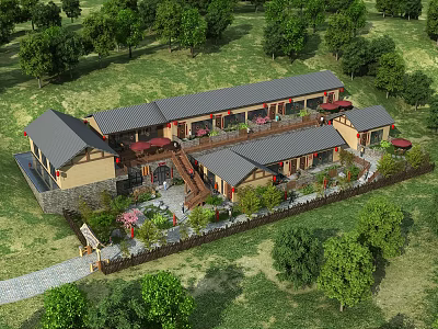 Traditional Guesthouse Building With Grey Roofs Lush Green Trees And Garden Pathway 3d model